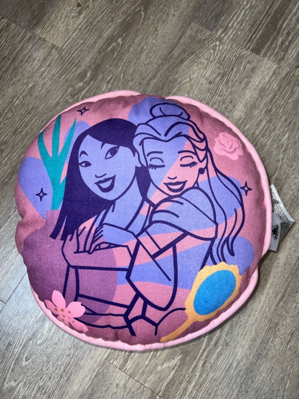 NWT Walt Disney Parks Princess 12" Round Plush Pillow w/ Mulan & Belle Pink